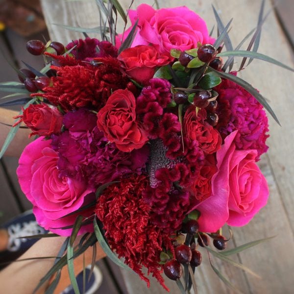 Ruby Red Bridal Bouquet in reds, pinks, fuchsia and burgundy