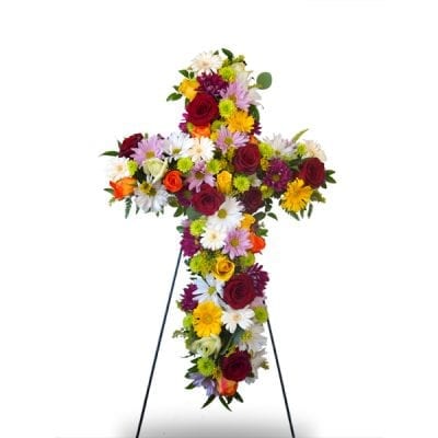 Funeral Cross in mixed flowers.