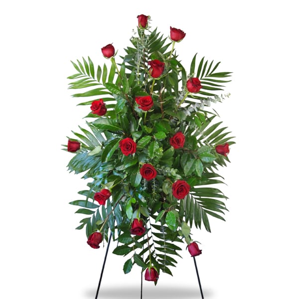 Large Funeral Spray with 18 red roses and greens.